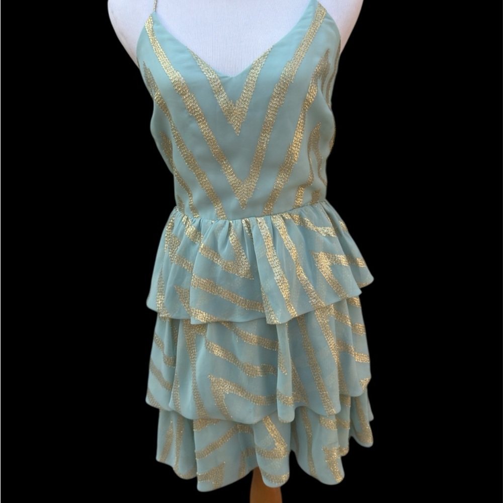 Badgley Mischka Green and Blue Ruffled Mini Dress